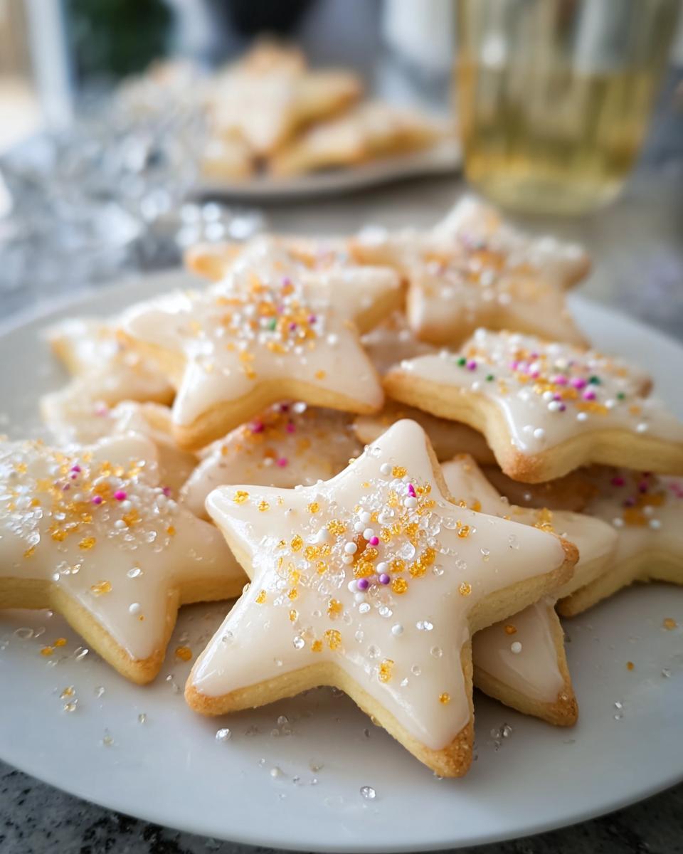 A close-up of star-shaped Champagne Sugar Cookies topped with white glaze and colorful sprinkles.