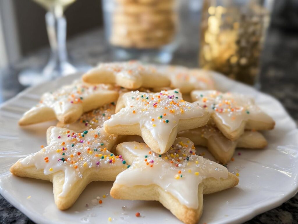 A plate piled high with star-shaped Champagne Sugar Cookies topped with white glaze and colorful sprinkles.