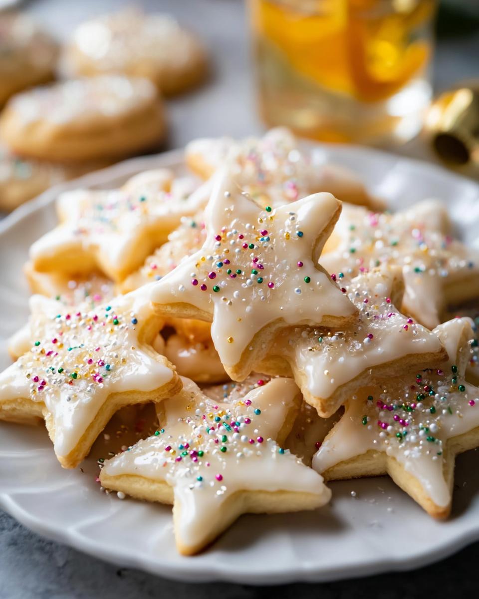 A pile of star-shaped Champagne Sugar Cookies topped with white glaze and colorful sprinkles on a white plate.