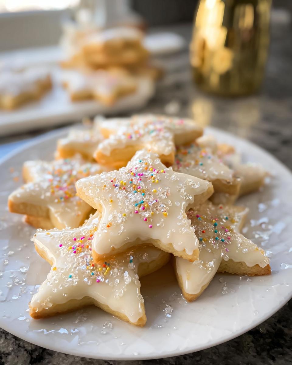 A stack of star-shaped Champagne Sugar Cookies topped with white glaze and colorful sprinkles on a white plate.