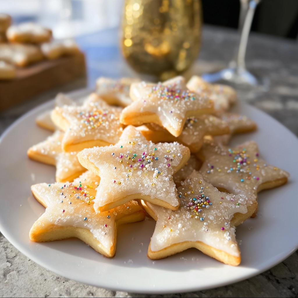 A plate piled high with star-shaped Champagne Sugar Cookies topped with white glaze and colorful sprinkles.