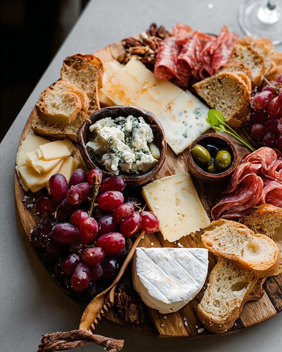 Overhead view of a beautiful Cheese Board in 10 Minutes featuring various cheeses, grapes, salami, bread, and nuts.