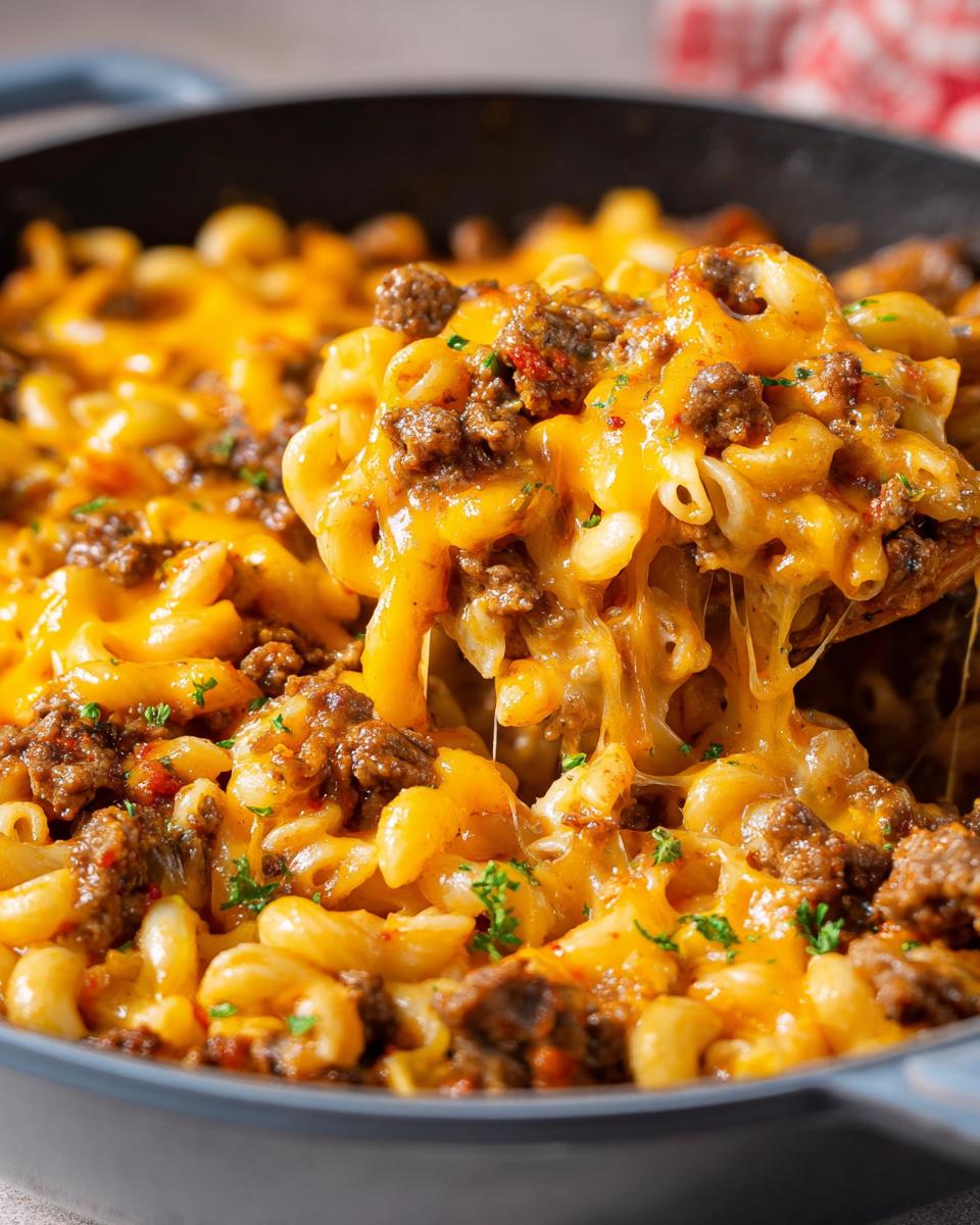 A wooden spoon lifting a scoop of gooey, cheesy Cheeseburger Casserole with ground beef and macaroni.