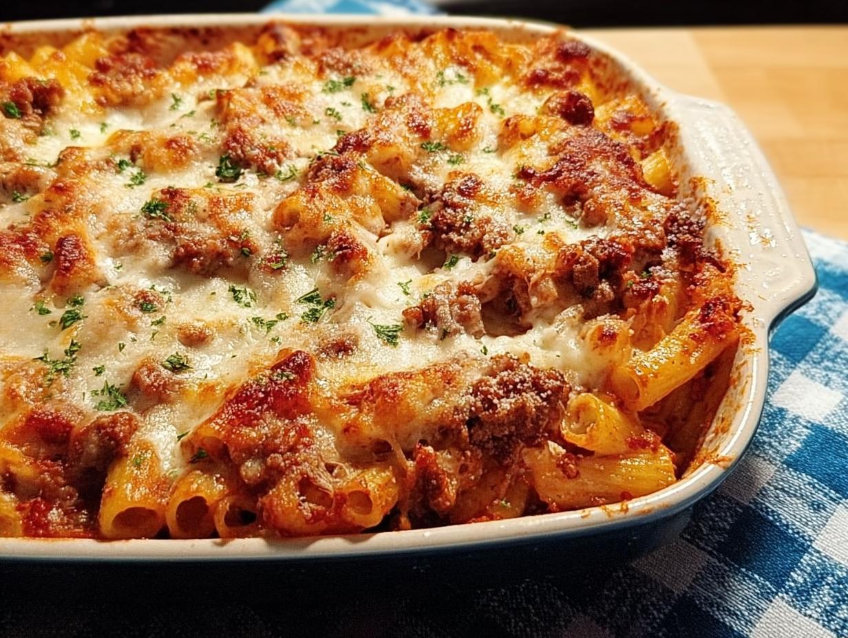 Close-up of cheesy Baked Ziti with Ground Beef, featuring browned cheese and meat sauce in a baking dish.