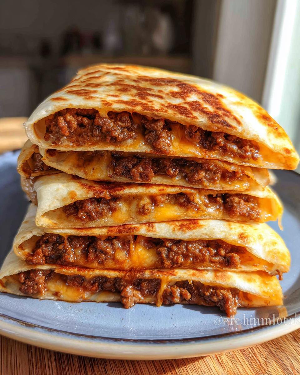 A stack of four golden-brown, grilled Cheesy Beef Quesadillas cut into wedges, showing melted cheese and seasoned ground beef filling.