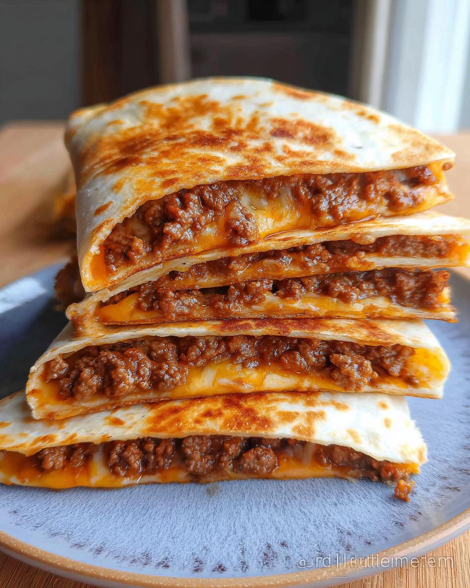 A stack of four golden-brown Cheesy Beef Quesadillas halves filled with seasoned ground beef and melted cheese.