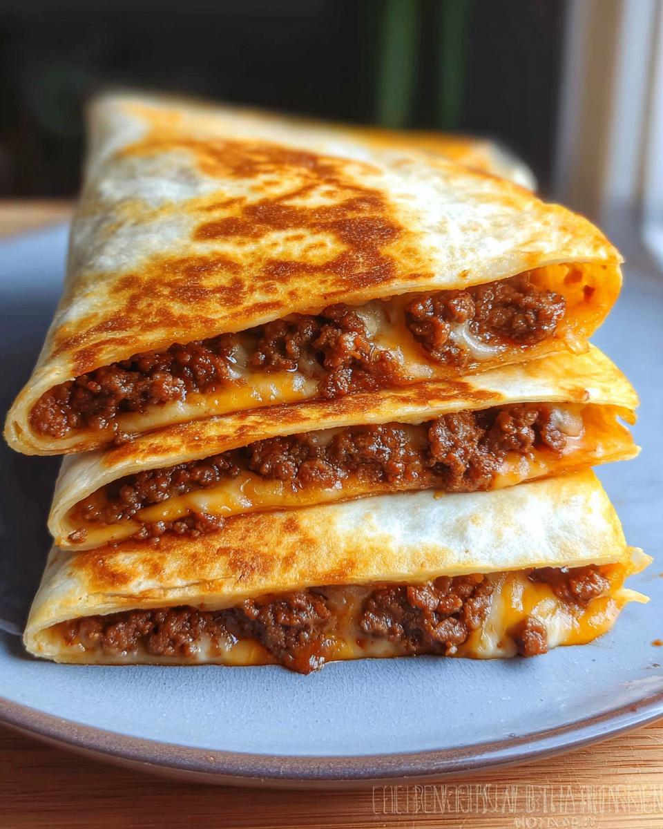 A stack of three golden-brown, folded Cheesy Beef Quesadillas overflowing with seasoned ground beef and melted cheese.