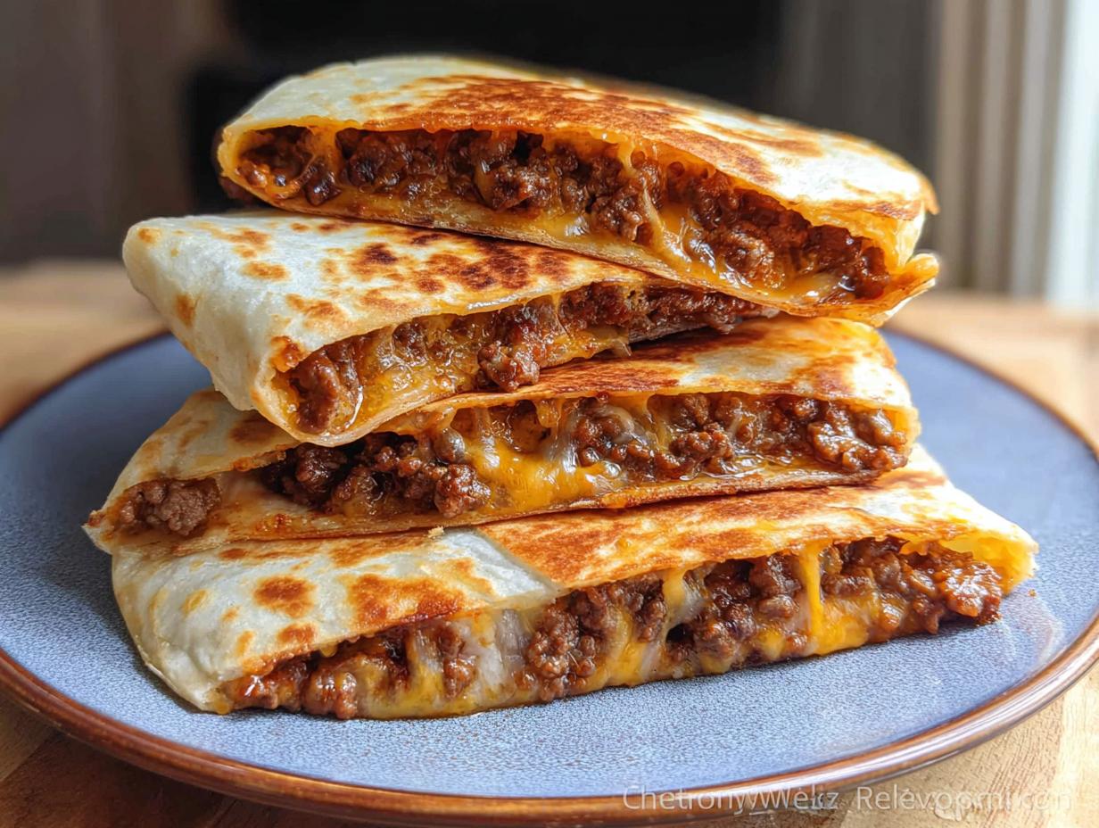 A stack of four golden-brown, folded Cheesy Beef Quesadillas cut in half, showing melted cheese and seasoned ground beef filling.