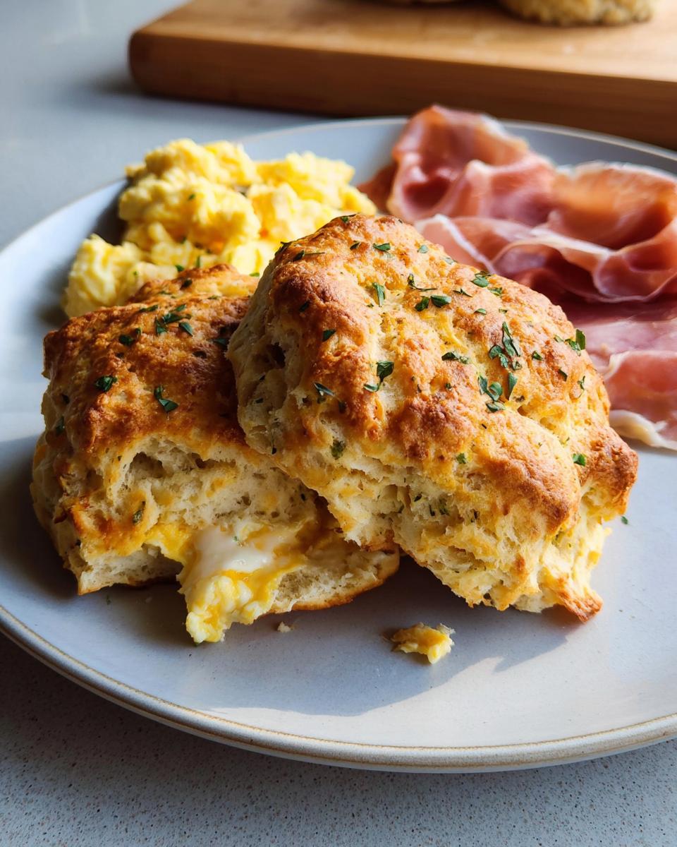 Close-up of cheesy biscuits served with scrambled eggs and ham, a popular breakfast ideas recipe.
