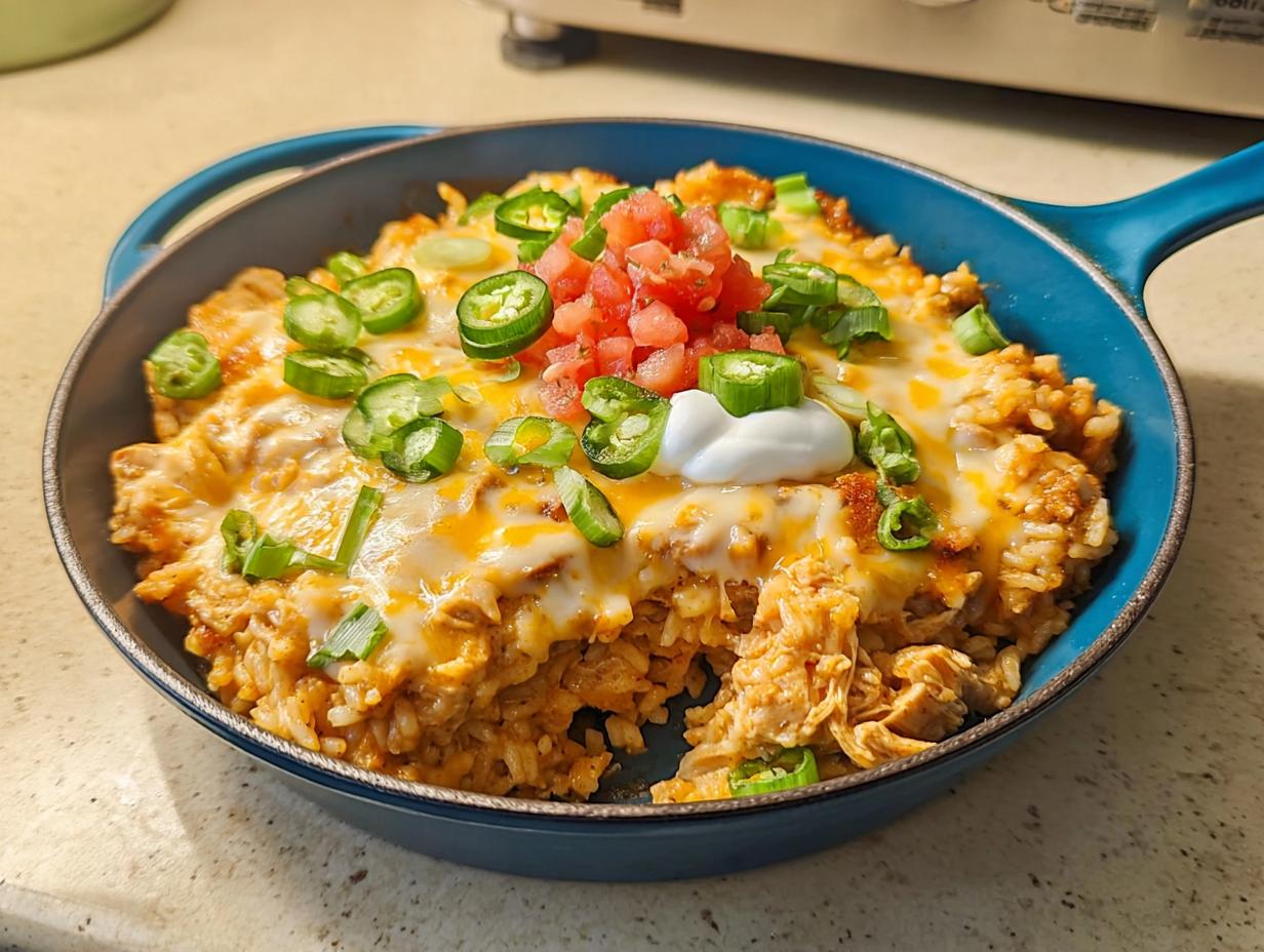 A cheesy chicken and rice casserole topped with jalapeños, salsa, and sour cream, perfect for 5-Ingredient Dinner Ideas.