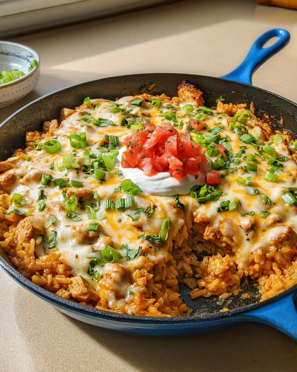 A delicious skillet of cheesy chicken and rice, topped with sour cream, diced tomatoes, and green onions. Perfect for 5-Ingredient Dinner Ideas.
