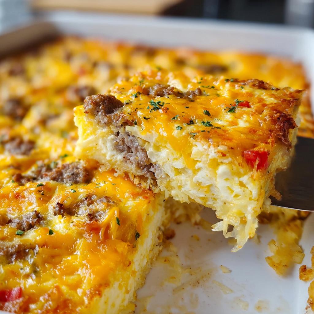 A spatula lifts a square slice of Cheesy Hashbrown Breakfast Casserole topped with melted cheddar and sausage.