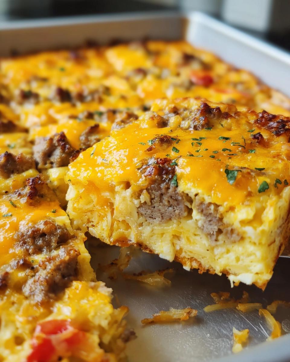 A slice being lifted from a Cheesy Hashbrown Breakfast Casserole, showing layers of egg, sausage, and melted cheddar cheese.