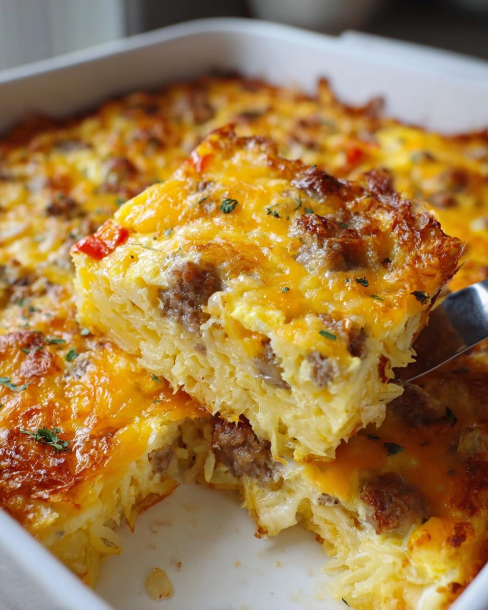 A serving spoon lifts a square piece of Cheesy Hashbrown Breakfast Casserole from the baking dish.