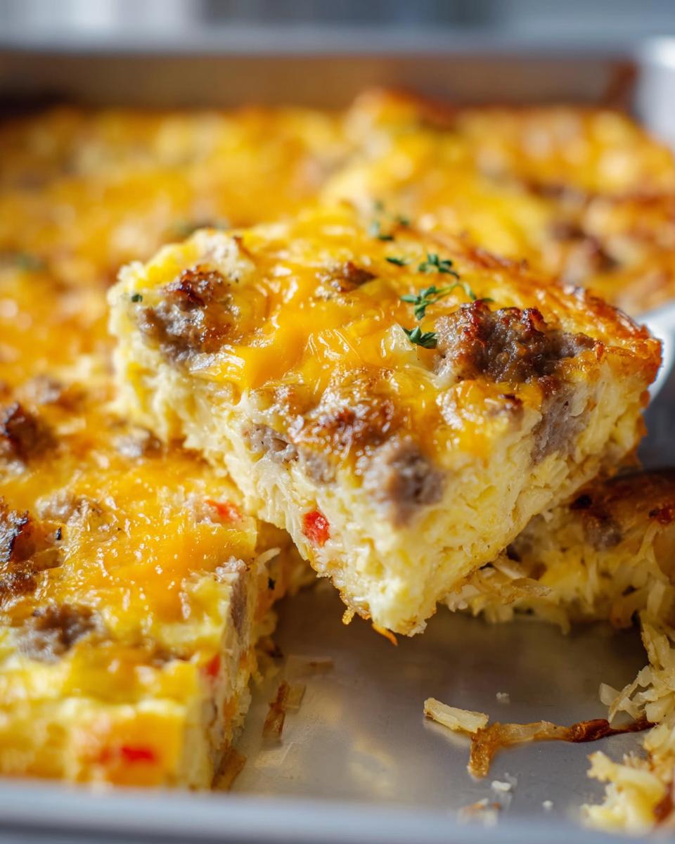 A square slice of Cheesy Hashbrown Breakfast Casserole being lifted from the pan, showing sausage, eggs, and melted cheddar cheese.
