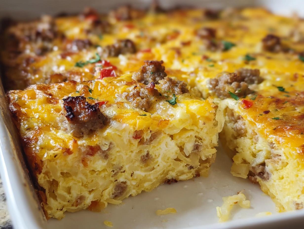 A close-up of a slice being removed from a Cheesy Hashbrown Breakfast Casserole topped with sausage and melted cheese.
