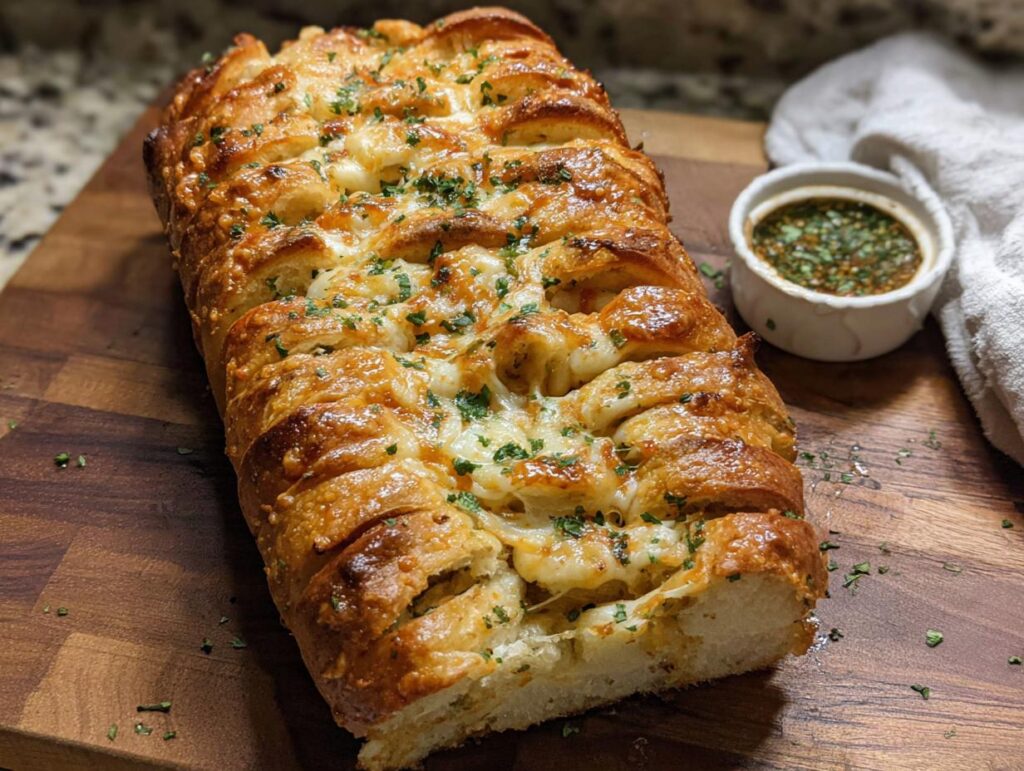 A golden-brown loaf of Cheesy Pull-Apart Bread, sliced and topped with melted cheese and parsley, next to a small bowl of dipping sauce.