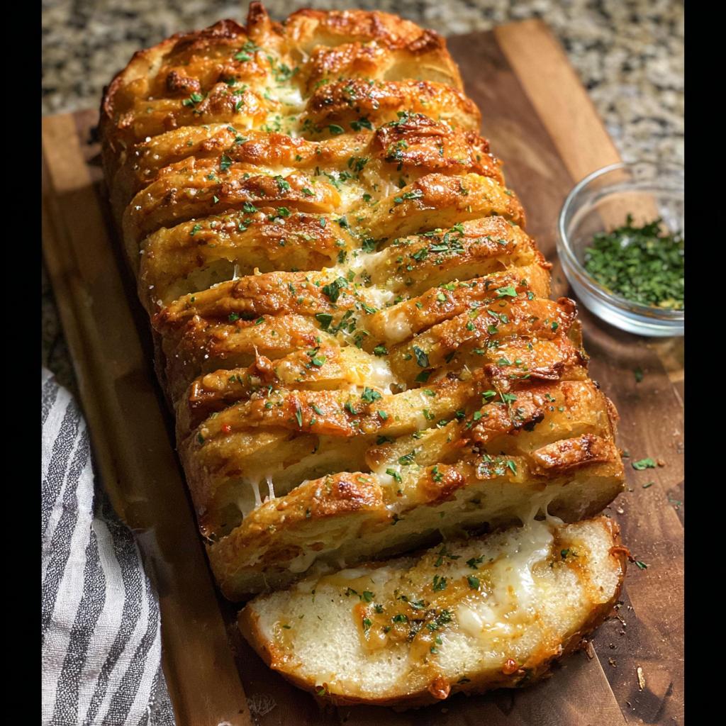 A golden brown loaf of Cheesy Pull-Apart Bread, sliced and showing melted cheese stretching between the pieces.