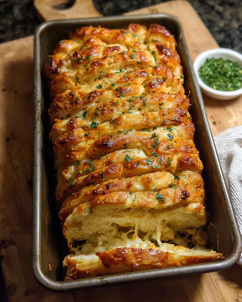 A loaf of golden brown Cheesy Pull-Apart Bread, baked in a loaf pan, showing melted cheese strings.