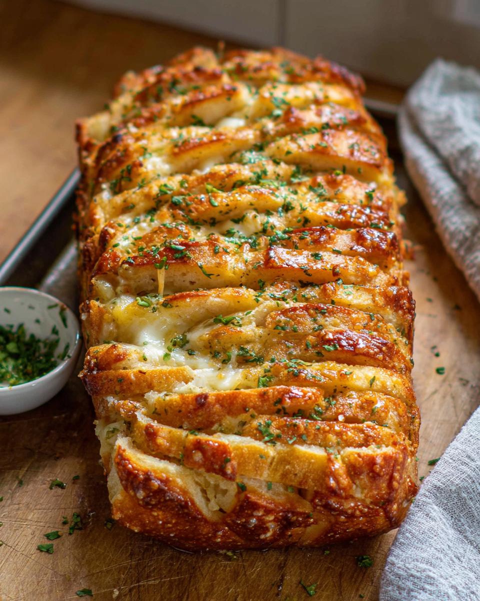 A loaf of golden brown Cheesy Pull-Apart Bread, sliced and oozing melted cheese, topped with fresh parsley.