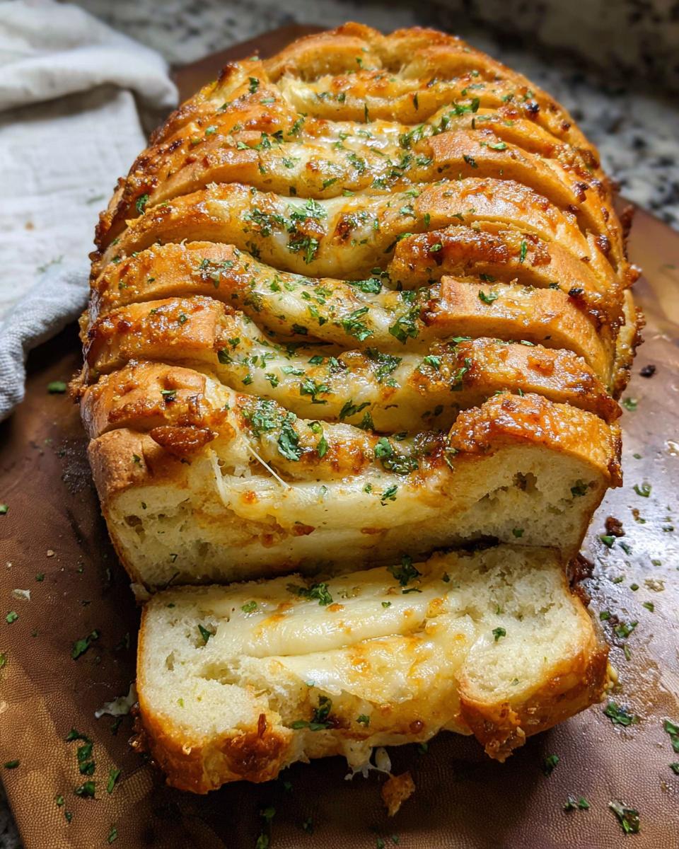 A loaf of golden brown Cheesy Pull-Apart Bread, sliced and oozing melted cheese and sprinkled with parsley.