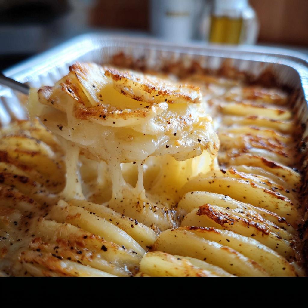 A spoonful of Cheesy Scalloped Potatoes showing a dramatic cheese pull over baked, layered potatoes.