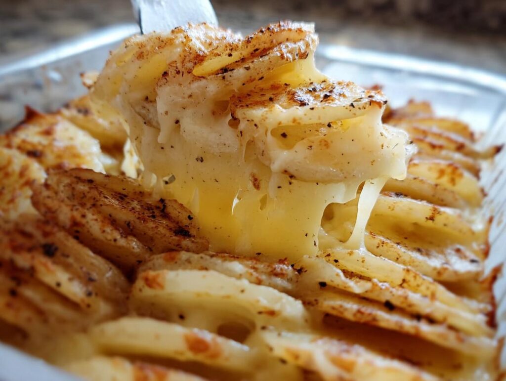 A serving spoon lifts a portion of Cheesy Scalloped Potatoes, showing a dramatic, gooey cheese pull.