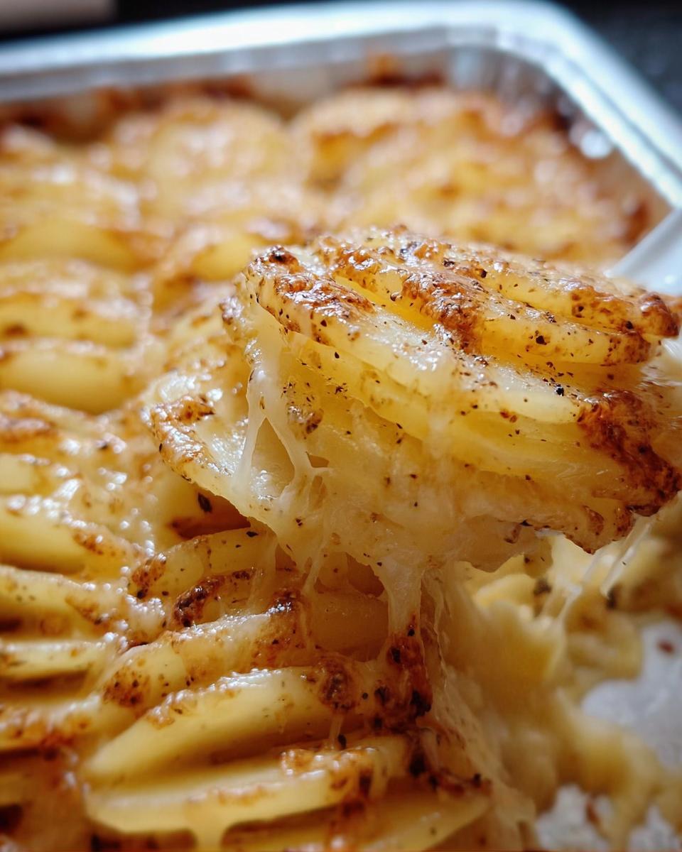 Close-up of a serving of Cheesy Scalloped Potatoes showing melted, stringy cheese pull between layers of baked potato slices.