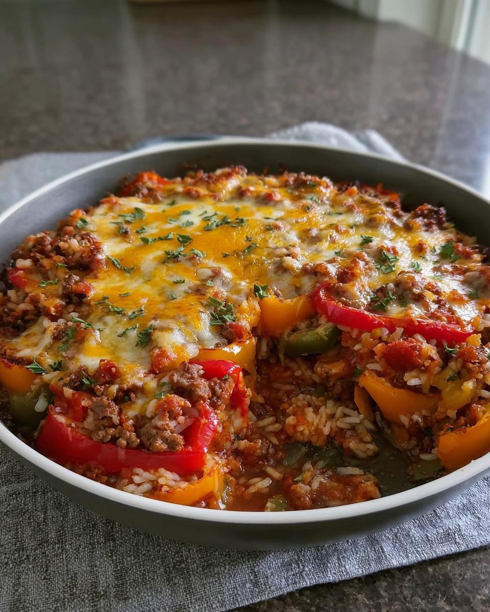A baked Stuffed Pepper Casserole with melted cheese topping, showing rice, meat, and colorful peppers in a round dish.