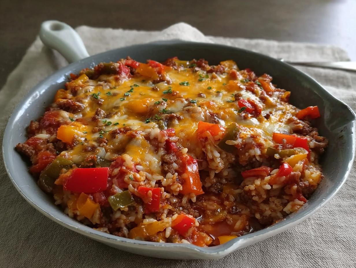 Close-up of a baked Stuffed Pepper Casserole topped with melted cheddar cheese in a small gray skillet.