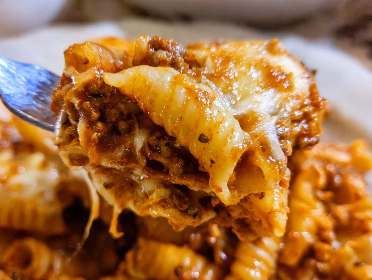 Extreme close-up of a fork lifting a cheesy bite of Cheesy Taco Pasta, showing melted cheese and seasoned ground meat sauce.