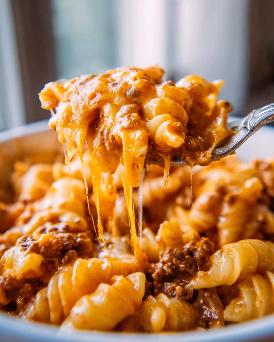 A spoonful of Cheesy Taco Pasta showing long, melted cheese pulls over pasta and seasoned ground meat.