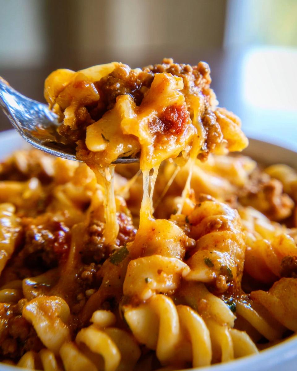 Close-up of a spoonful of Cheesy Taco Pasta showing a dramatic cheese pull, mixed with ground meat sauce and rotini pasta.