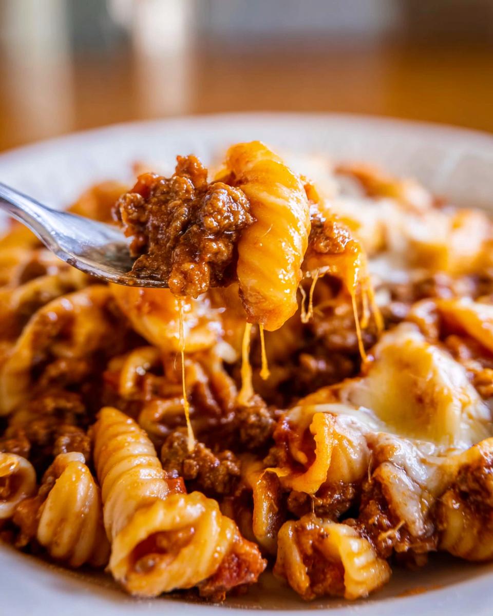 A fork lifting a bite of Cheesy Taco Pasta, showing melted cheese stretching between the pasta and the plate.