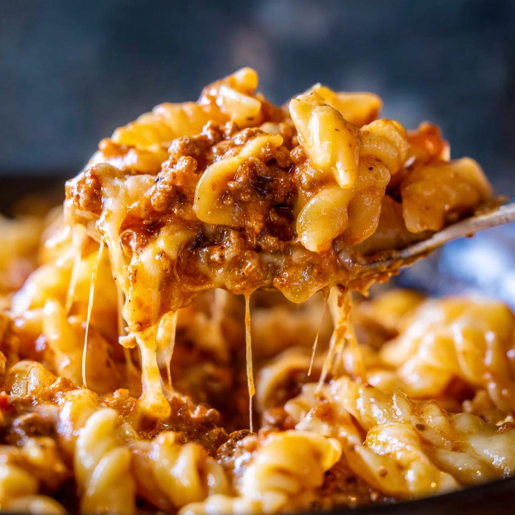 A spoonful of Cheesy Taco Pasta showing long, melted cheese stretches over pasta and seasoned ground meat.