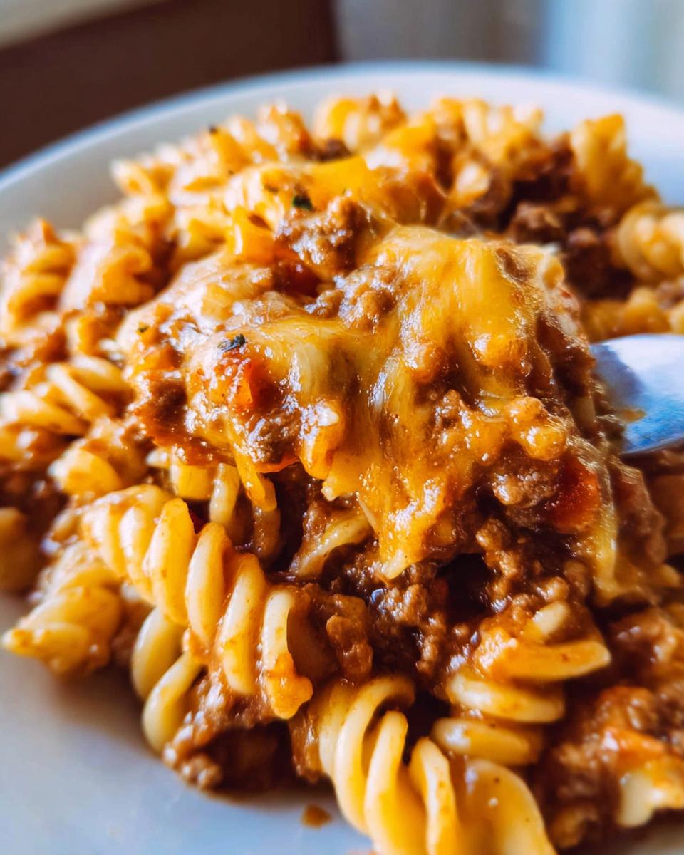 Close-up shot of Cheesy Taco Pasta featuring rotini noodles coated in a rich meat sauce and topped with gooey, melted cheddar cheese.