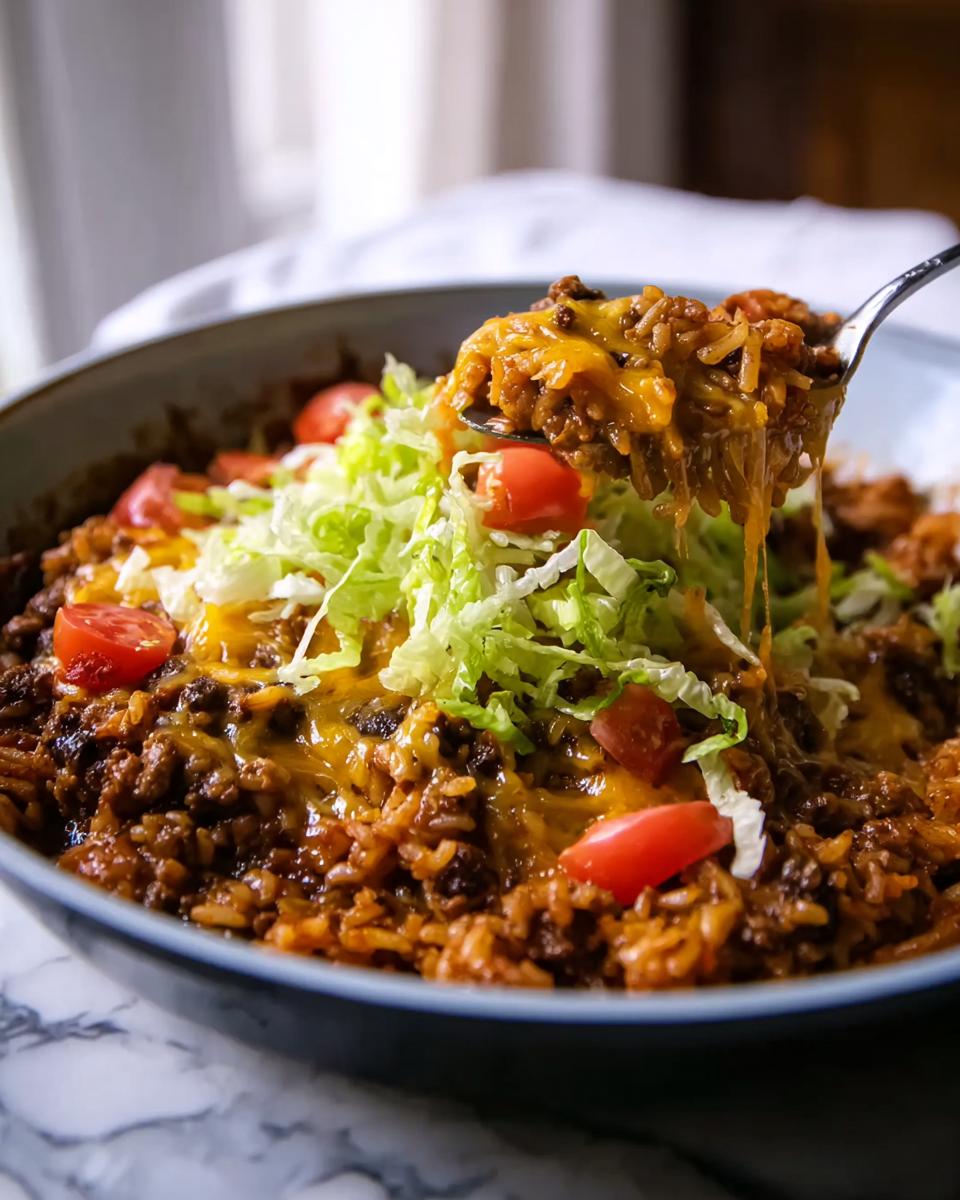 A spoonful of cheesy Taco Skillet mixture being lifted from a bowl topped with shredded lettuce and diced tomatoes.