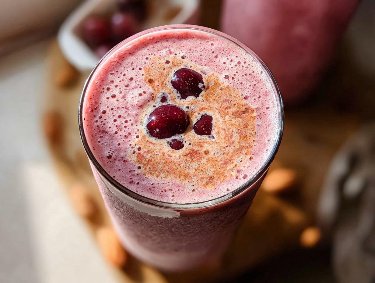 Overhead view of a vibrant pink Cherry Almond Smoothie topped with fresh cherries and cinnamon.