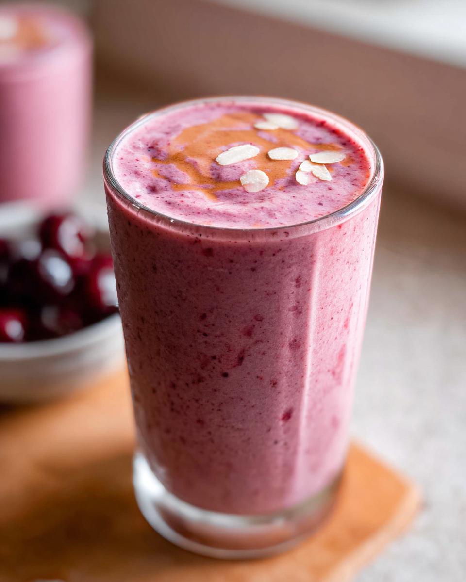 A tall glass filled with a thick, pink Cherry Almond Smoothie, topped with a drizzle of nut butter and sliced almonds.