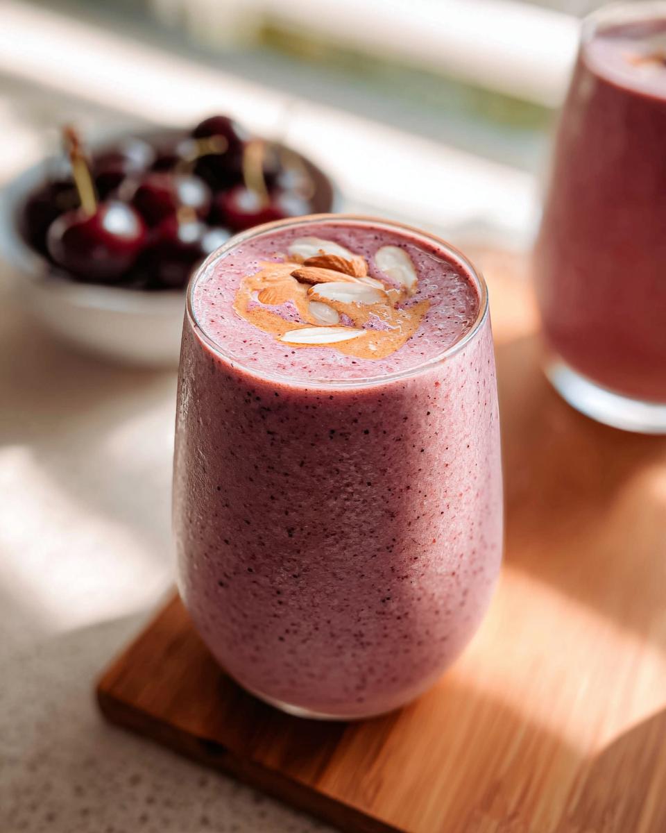 A glass of thick, purple Cherry Almond Smoothie topped with sliced almonds and a drizzle of almond butter.