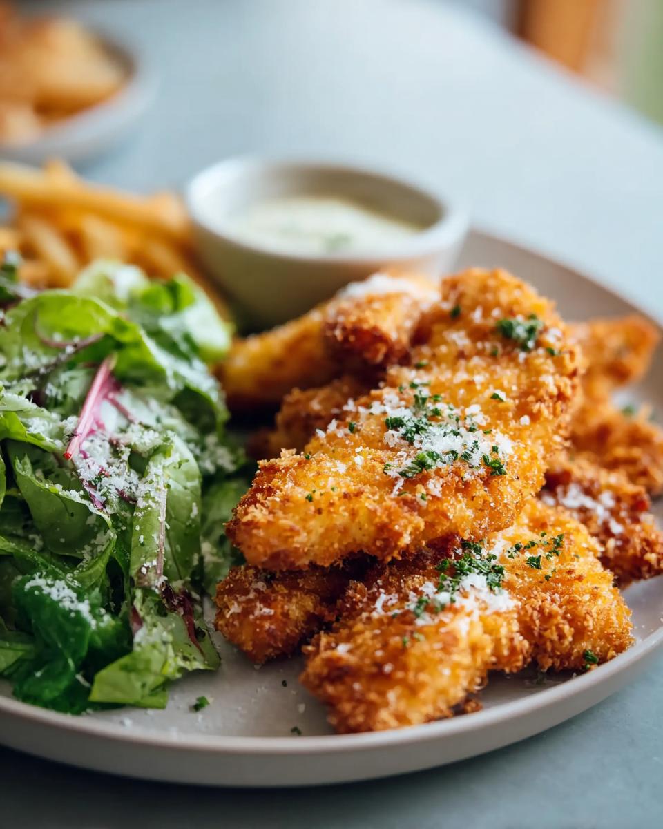 Golden brown crispy chicken tenders served with a side salad and dipping sauce, perfect for busy weeknights.