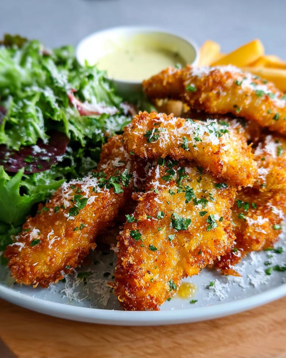 Golden brown crispy chicken tenders served with a side salad and dipping sauce, perfect for busy weeknights.