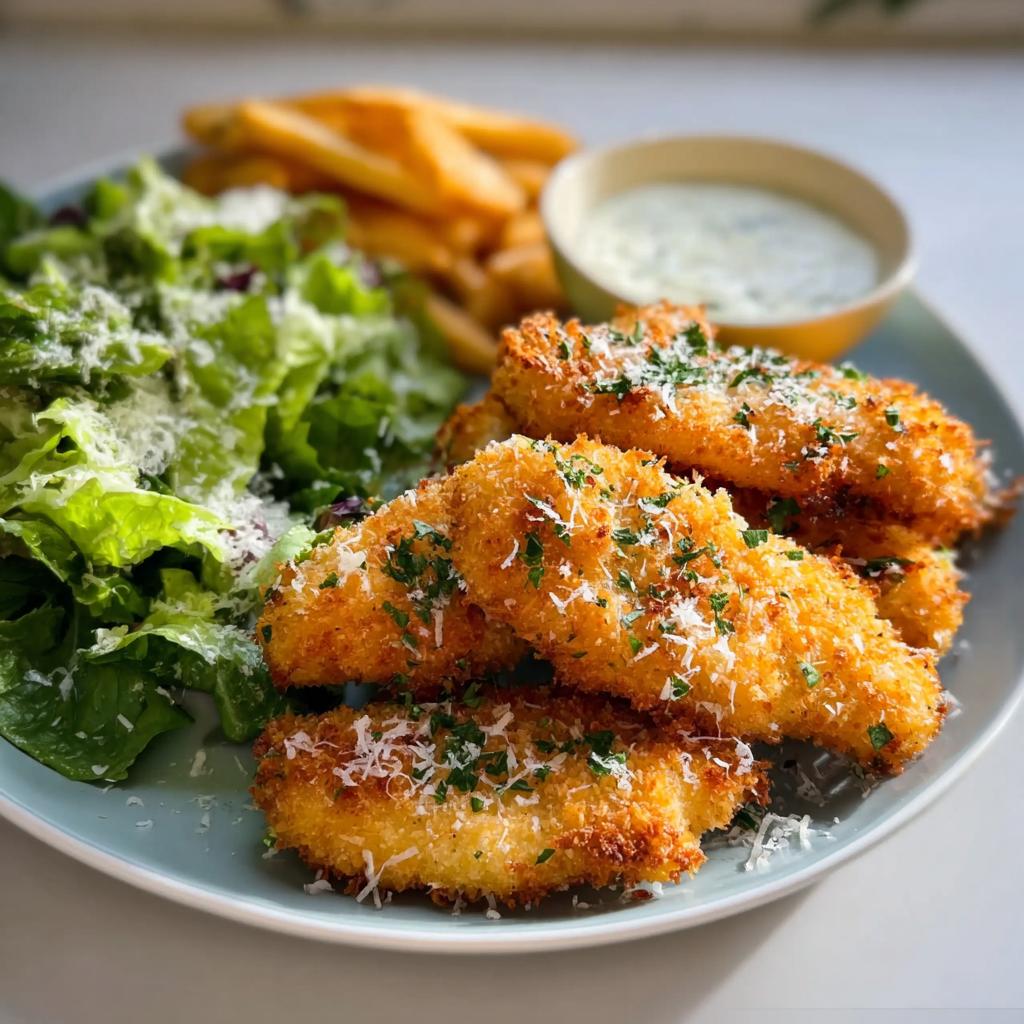 Golden brown crispy chicken tenders served with french fries, salad, and dipping sauce, perfect for busy weeknights.