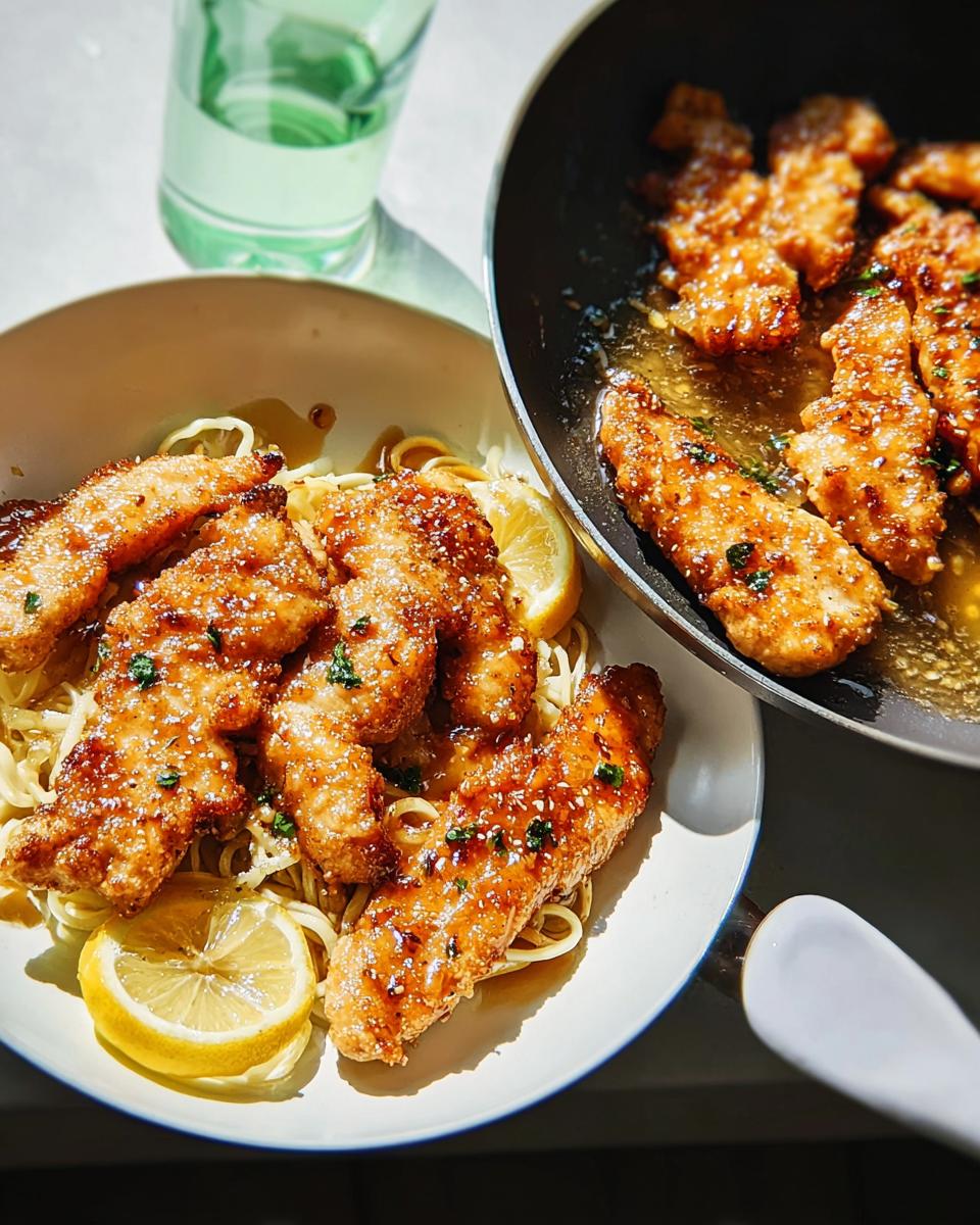 Delicious glazed chicken tenders served over noodles with lemon slices, a quick Chicken in 20 Minutes meal.