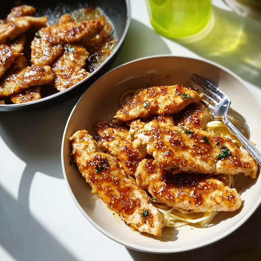A bowl of tender chicken strips glazed with a shiny sauce and sesame seeds, served over pasta. Chicken in 20 Minutes (Weeknight Win).