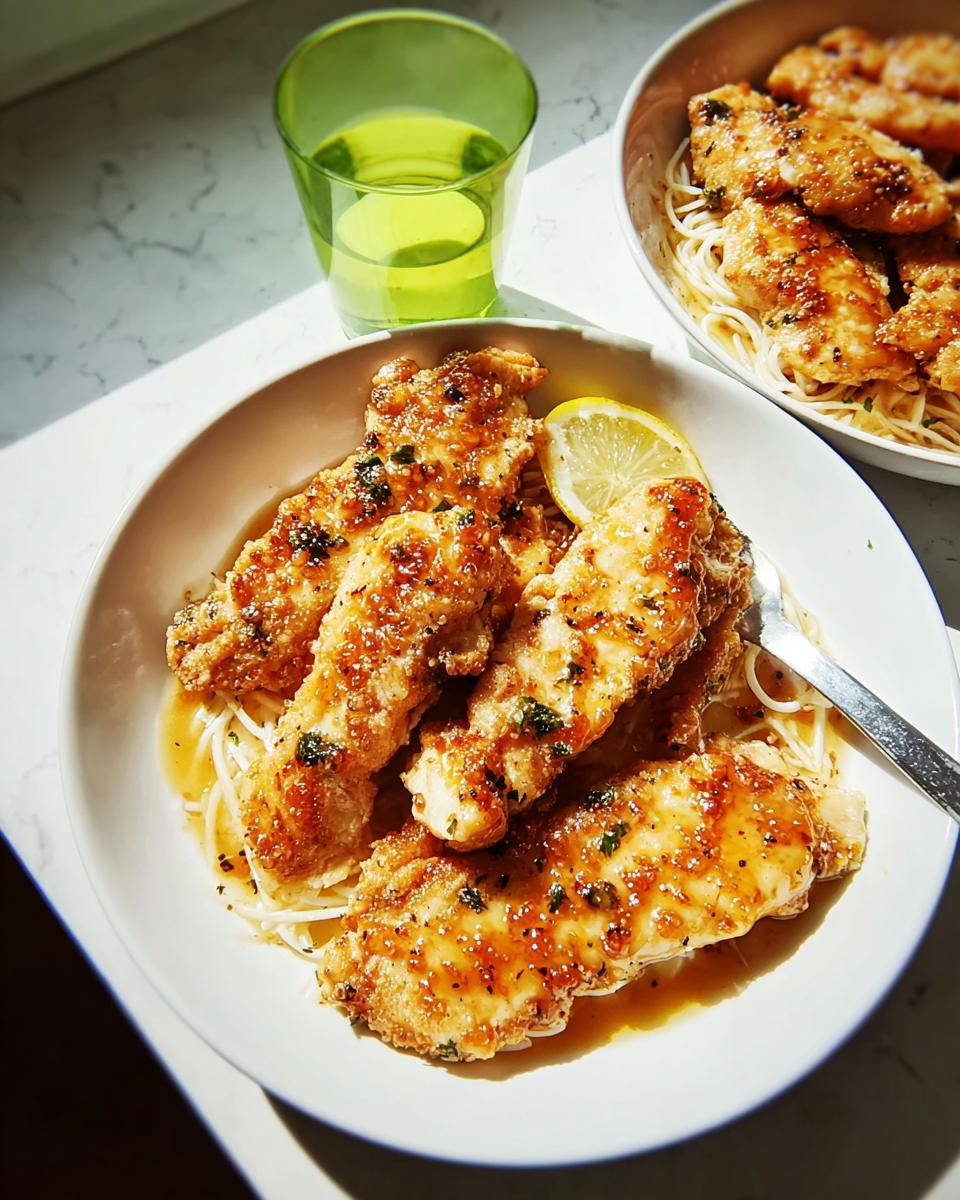 Golden brown chicken tenders served over angel hair pasta with a lemon slice, a quick Chicken in 20 Minutes meal.