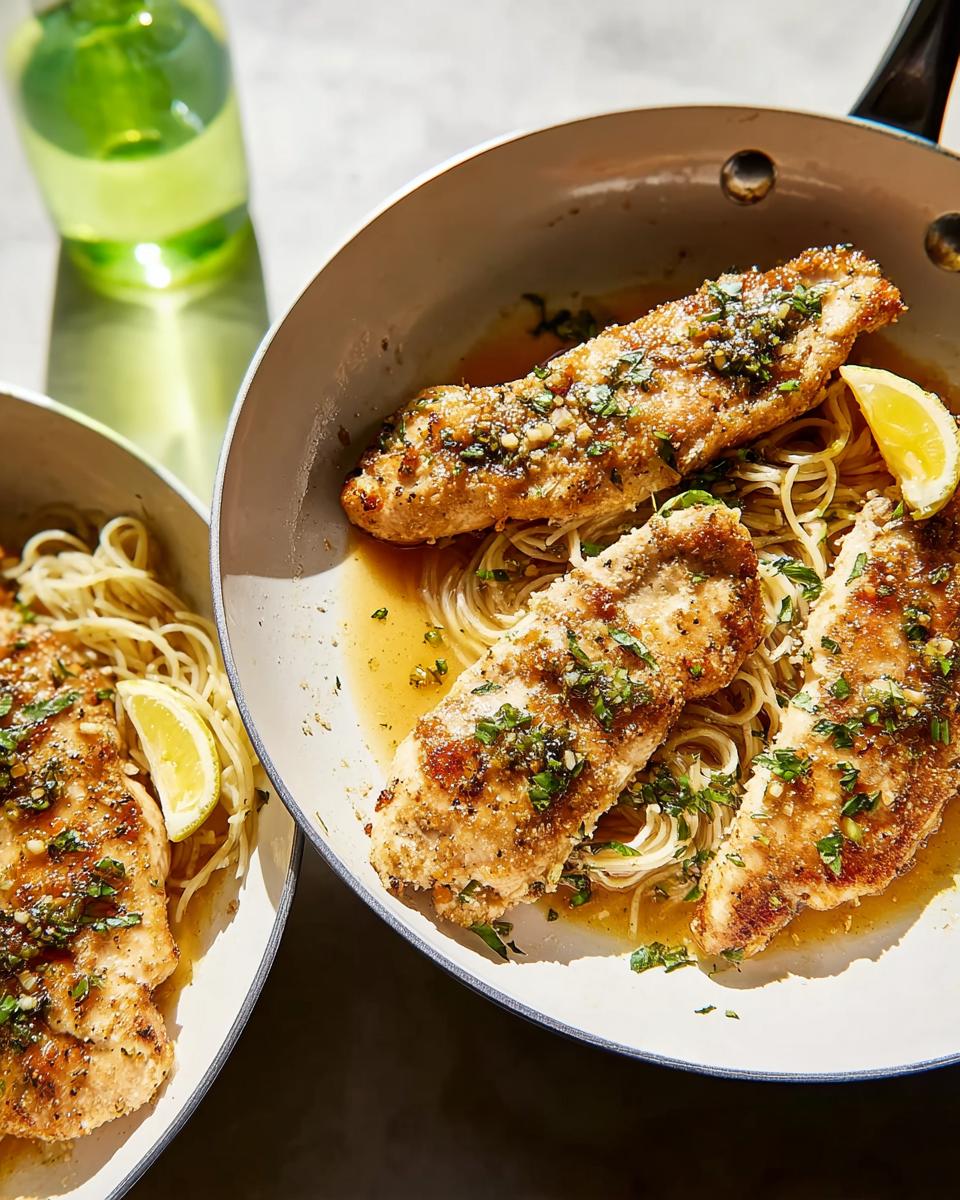 Golden-brown breaded chicken breasts served over thin pasta with a lemon-herb sauce, a quick Chicken in 20 Minutes meal.