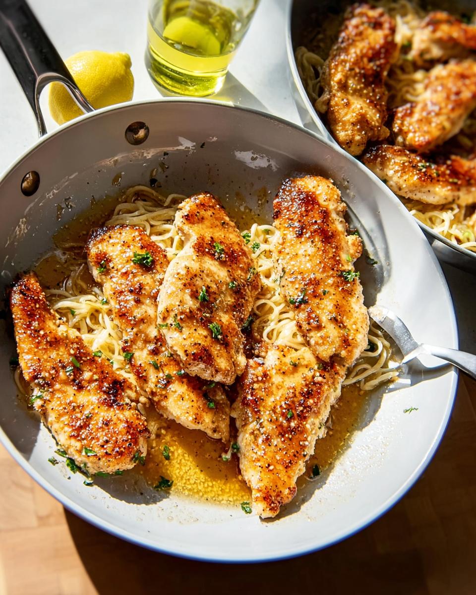 Pan-seared chicken tenders served over pasta in a skillet, part of a quick Chicken in 20 Minutes recipe.