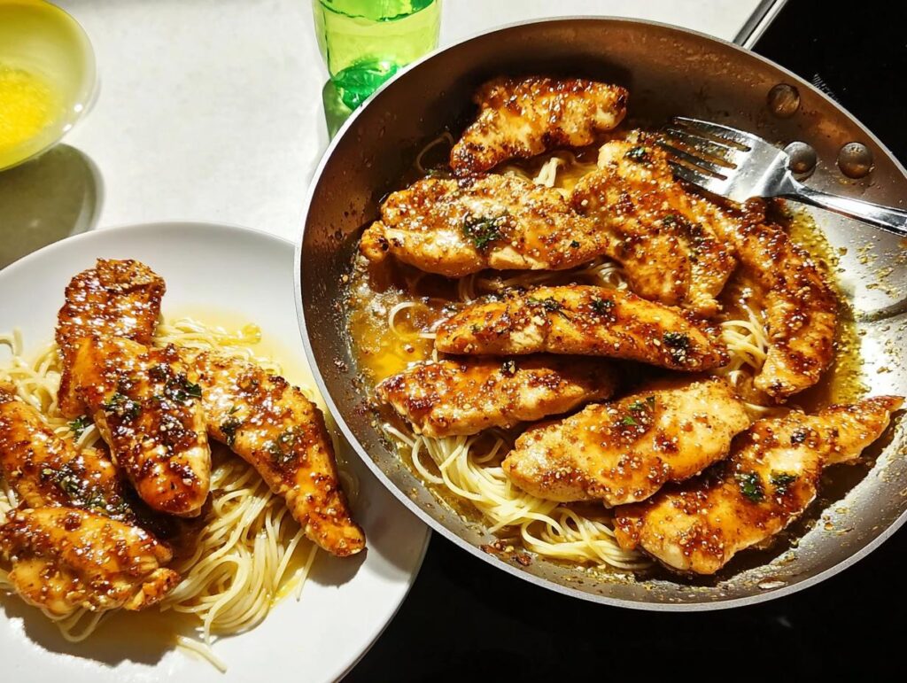 A plate of delicious chicken tenders served over spaghetti, with a skillet of more chicken and pasta in the background. Perfect for Chicken in 20 Minutes.