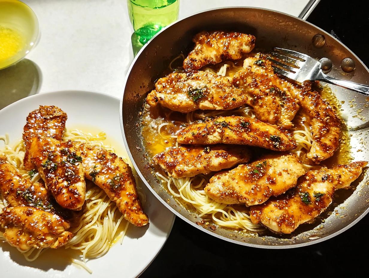 A plate of delicious chicken tenders served over spaghetti, with a skillet of more chicken and pasta in the background. Perfect for Chicken in 20 Minutes.